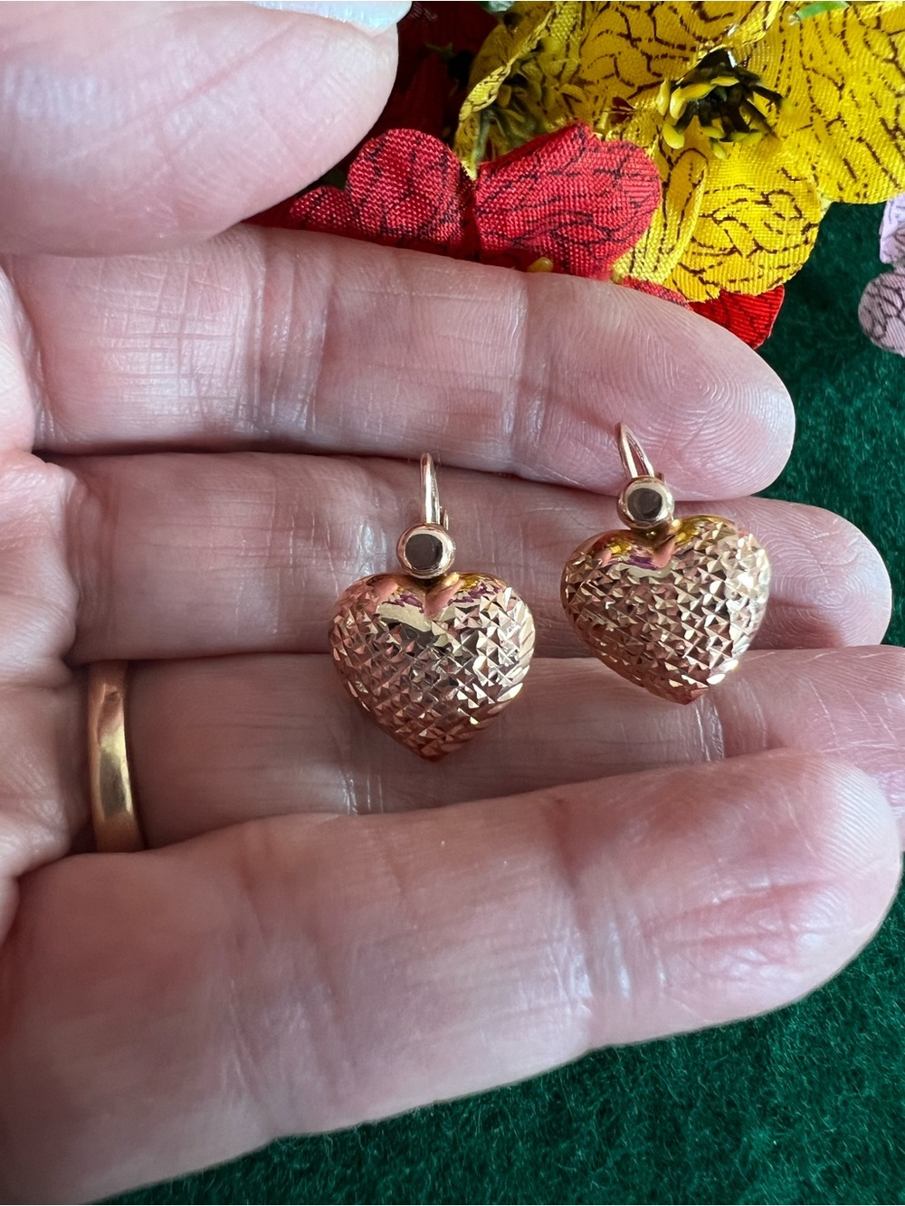14k Solid Rose Gold Textured Heart Earrings - Picture 4 of 13